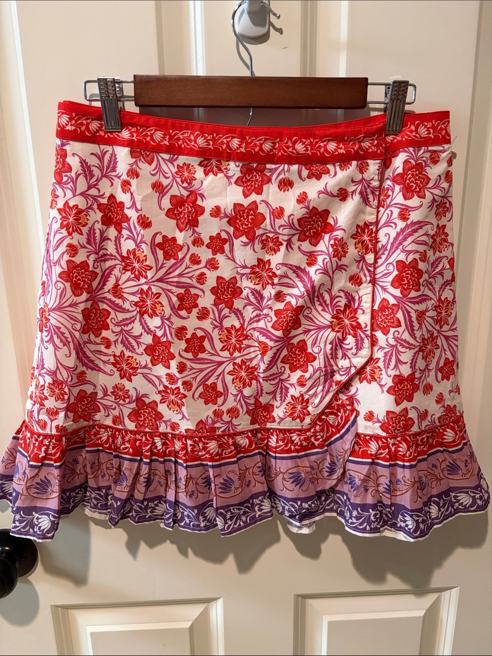 Farm Rio for Anthropologie- Floral Red & Purple Ruffle Hem Women's Wrap Skirt